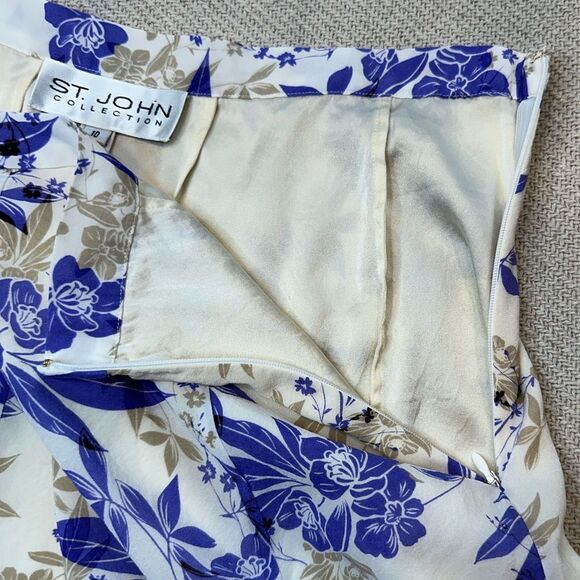St. John Collection Skirt Size 10 Silk Blend Floral Lined Cream Blue Rare - Picture 9 of 11